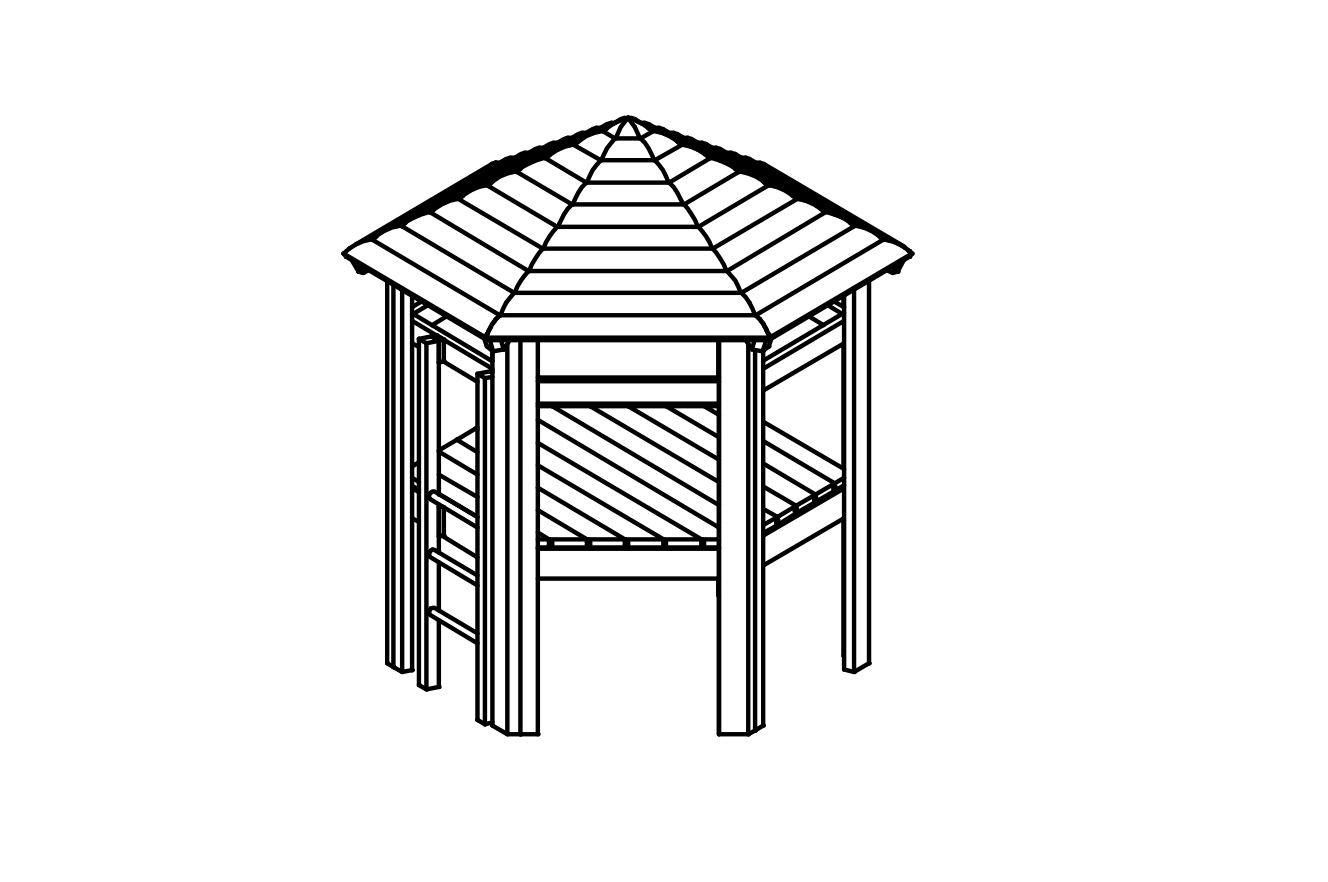 Small Hexagonal Hut with roof and equipment made of non-impregnated mountain larch