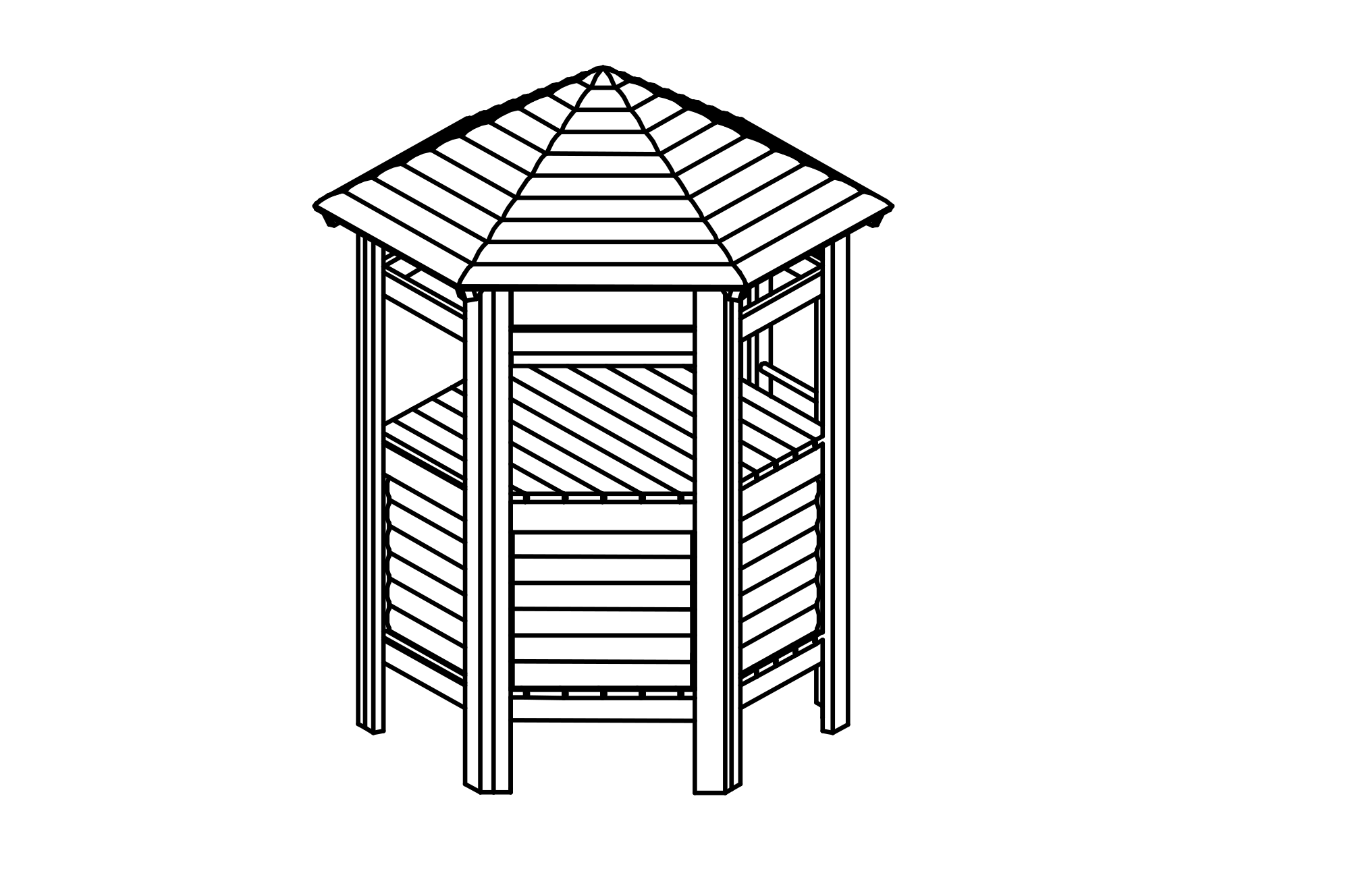 Hexagonal Hut with roof, walls and bench made of non-impregnated mountain larch
