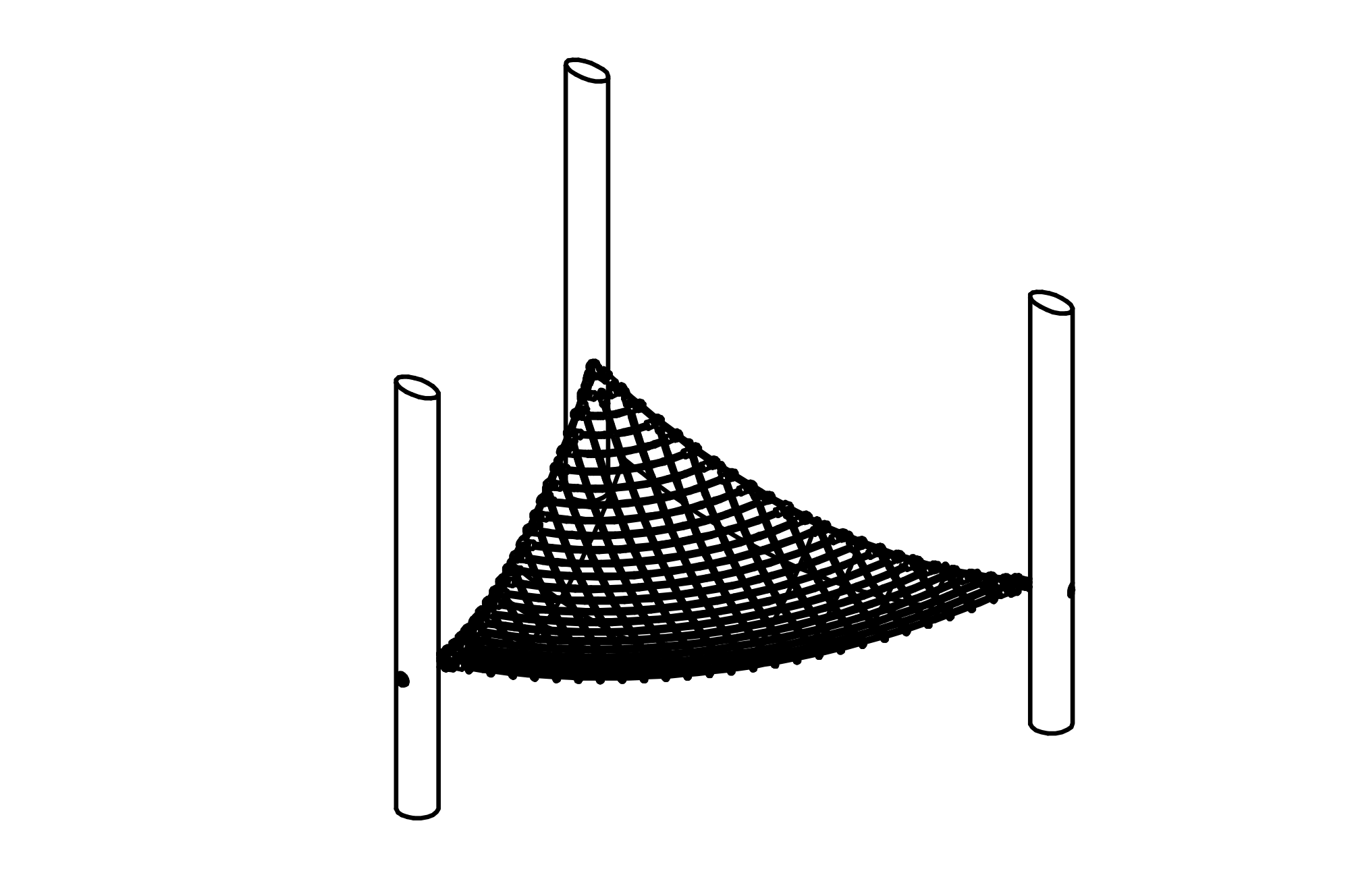 Horizontal triangular net, fine meshed with equipment made of non-impregnated mountain larch